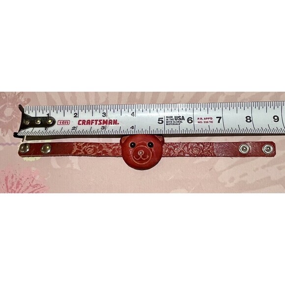 Red Leather Teddy Bear Face Bracelet Boho Floral Tooled Embossed Southwestern - Picture 11 of 12